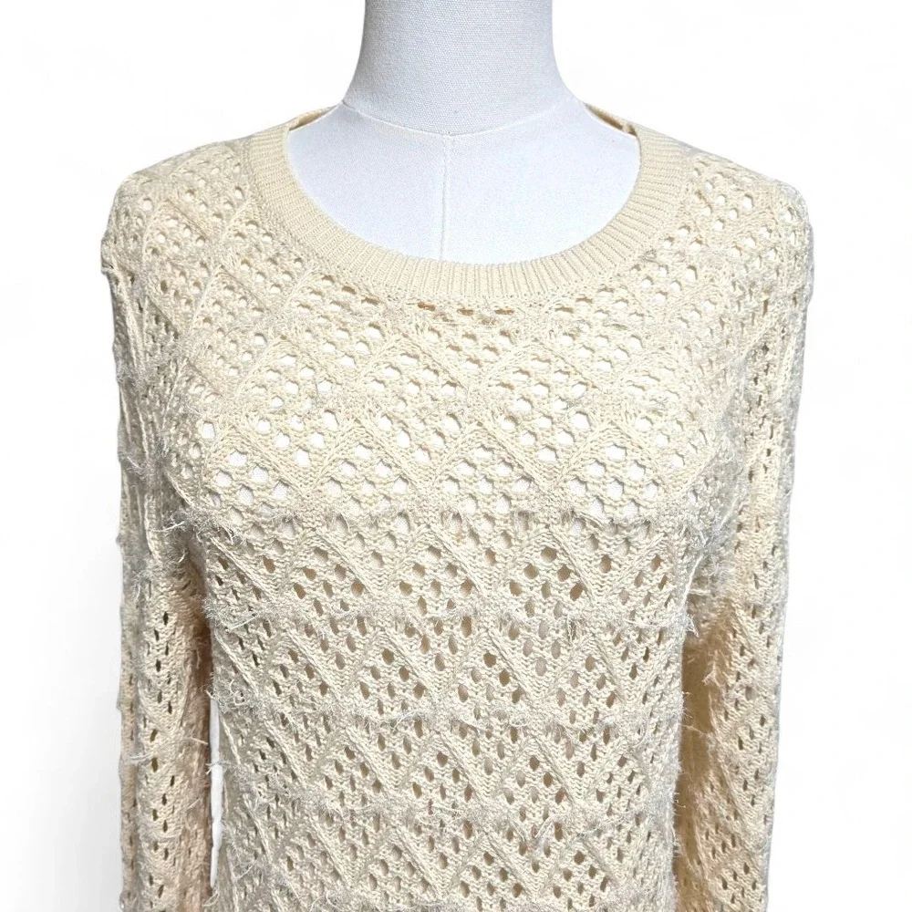 J. Crew Pointelle Crewneck Sweater with Fringe Warm‎ Sesame M NWT